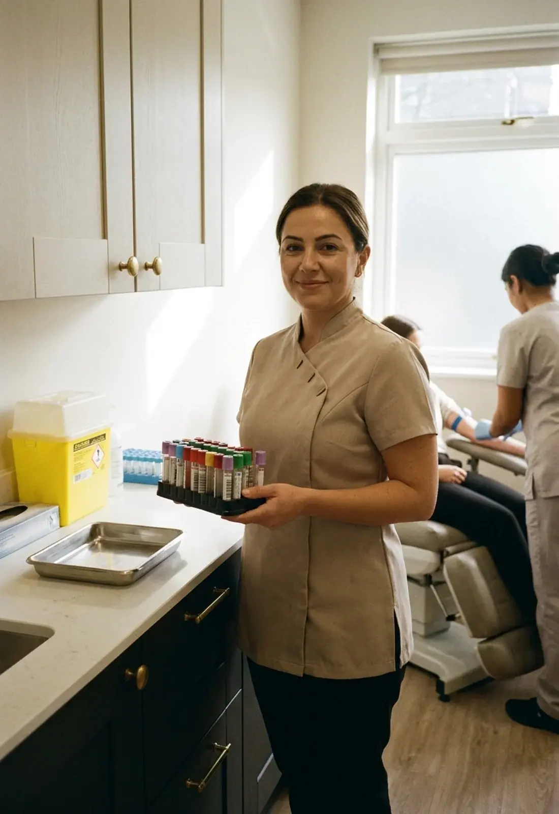 A 57 Health nurse holding blood sample tubes in the clinic